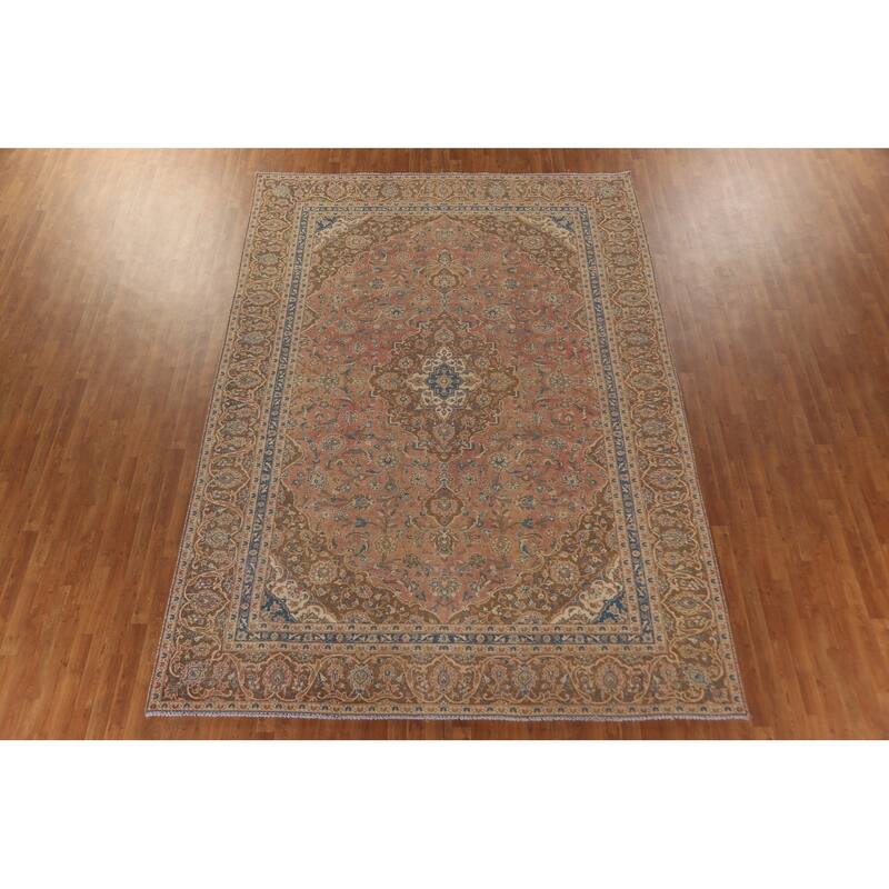 Traditional Pink Mashad Persian Vintage Rug Hand-Knotted Wool Carpet - 8'10"x 12'5"