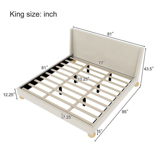 King Size Velvet Upholstered Platform Bed w/Wingback Headboard,Cream