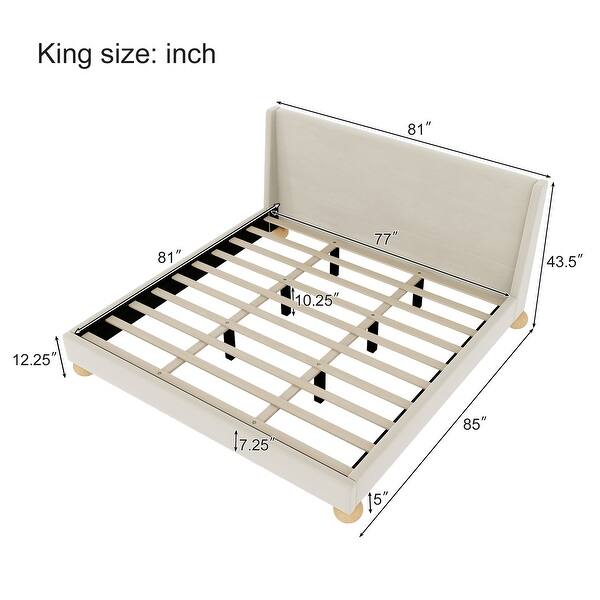 Queen Size Wooden Bed Frame,Velvet Upholstered Platform Bed,Cream