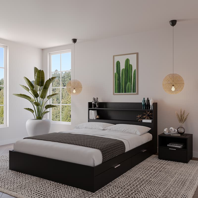 Hunter Platform Bed With Headboard And 1-Drawer Nightstand - Black - Queen