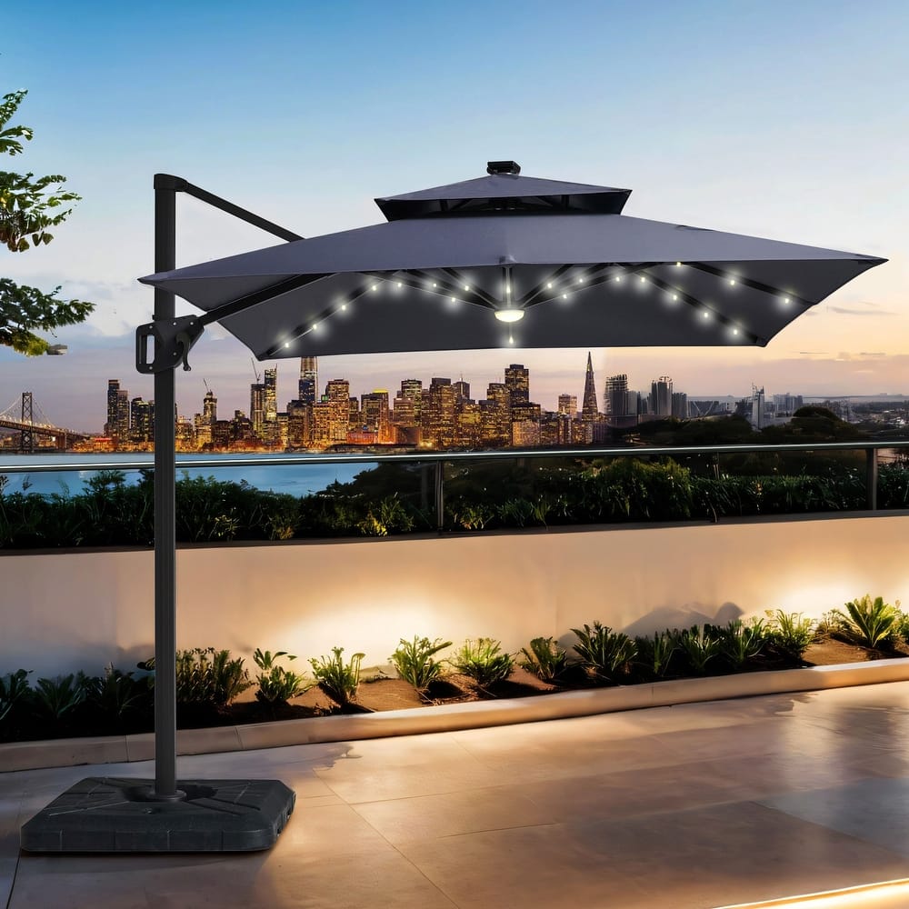 Furniture of America Yetta 8-foot LED Lights Steel Cantilever Offset Tilt Square Roma Umbrella with Base