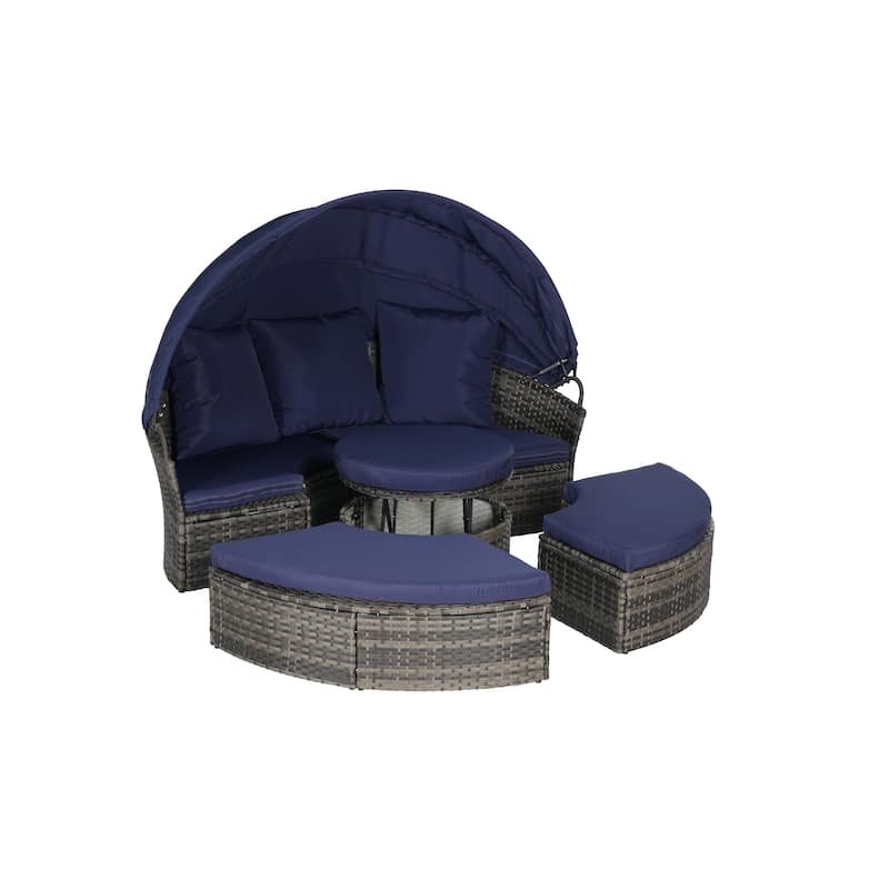 Outdoor Rattan Daybed Round Sunbed with Retractable Canopy, 5 Piece Sectional Patio Conversation Set with Storable Table