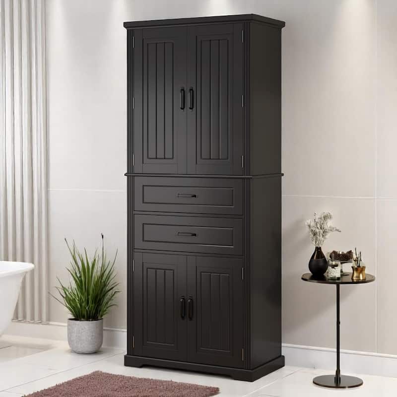 Multi-Functional Storage Cabinet with Doors and Drawers, Adjustable Shelf, Anti-Tip Design for Kitchen or Bathroom - Black