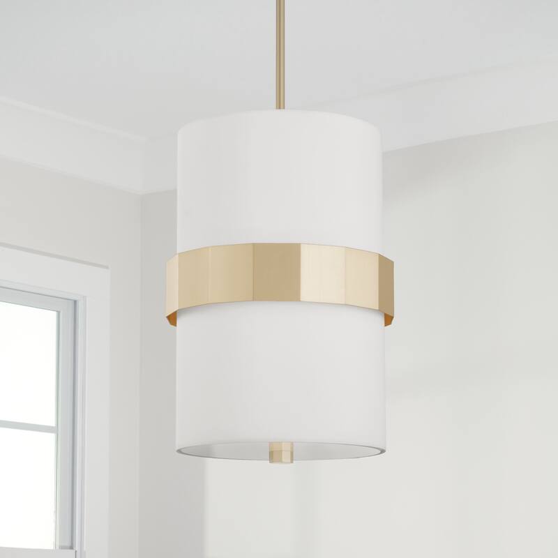 Sutton 2-light Soft Gold Drum Pendant w/ White Fabric Shade & Frosted Glass Diffuser