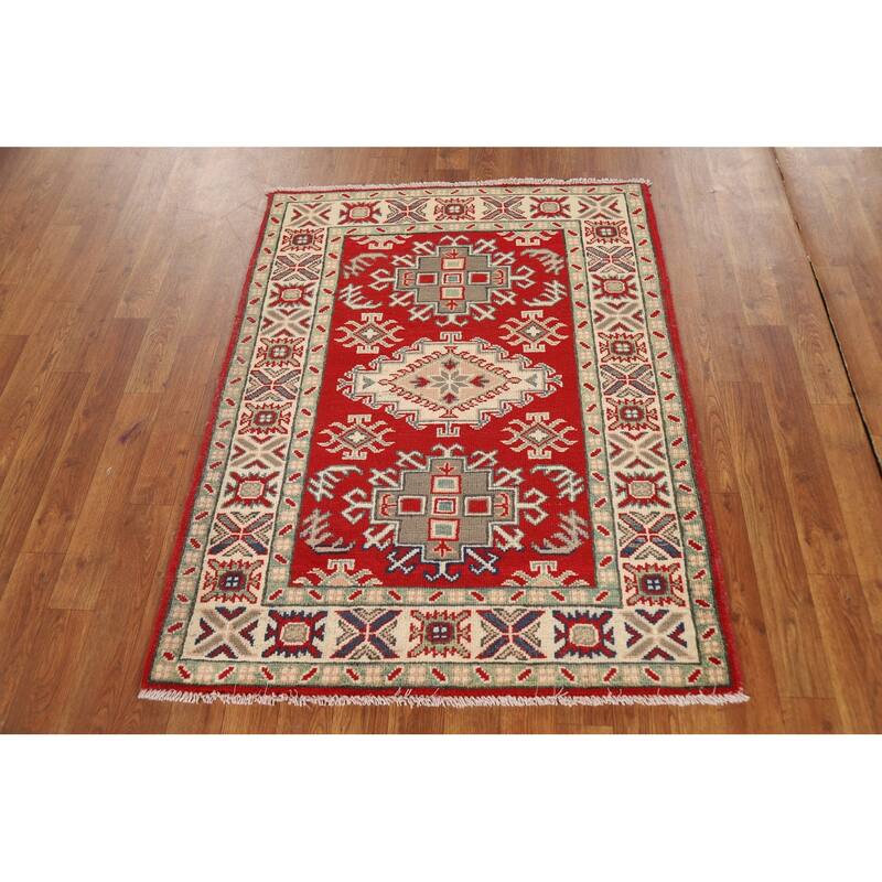 Red Kazak Foyer Rug Handmade Traditional Wool Carpet - 3'0"x 3'11"