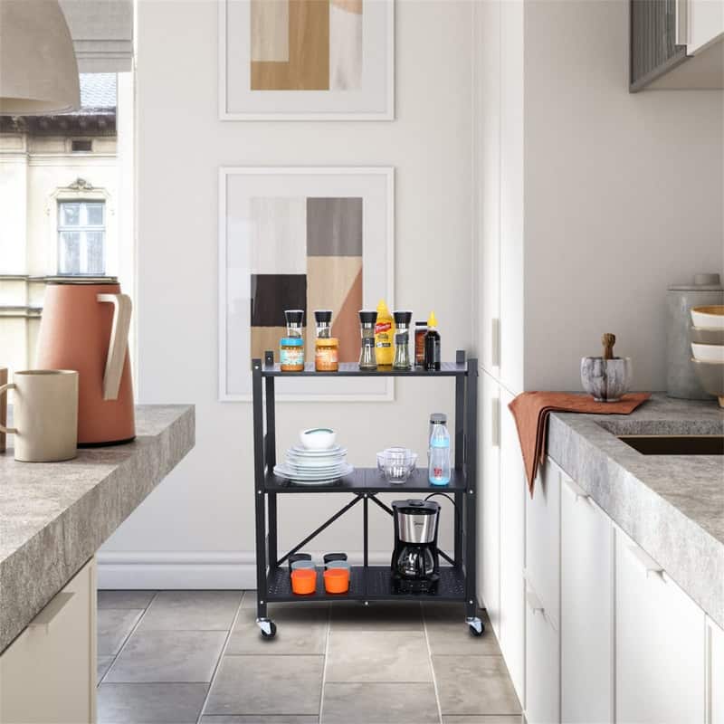3-Tier Foldable Storage Shelving Kitchen Storage Shelves - 28"D x 14.2"W x 35.6"H