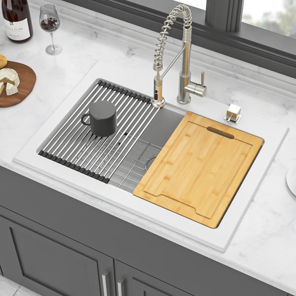 slide 2 of 9, 30 x 22 inch White Composite Granite Quartz Drop In Kitchen Sink with Roll-up Rack and Cutting Board