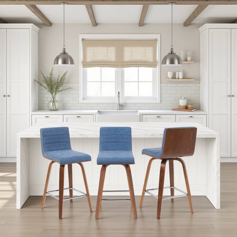 Skara Mid-Century Swivel Counter Stool, Upholstered Counter Height Chair with Bentwood Legs - Vintage Blue Faux Leather  & Walnut - Set of 3