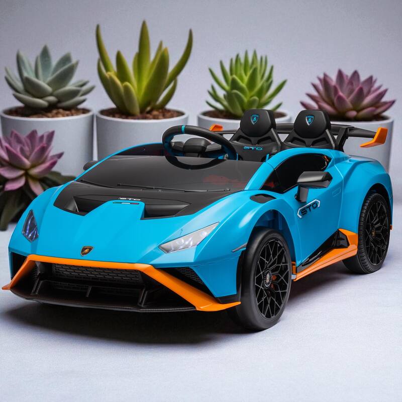 Lamborghini Huracan STO 24V Kids Ride-On Drift Car with LED Lights, 360° Spins, Music, and Remote Control - Blue
