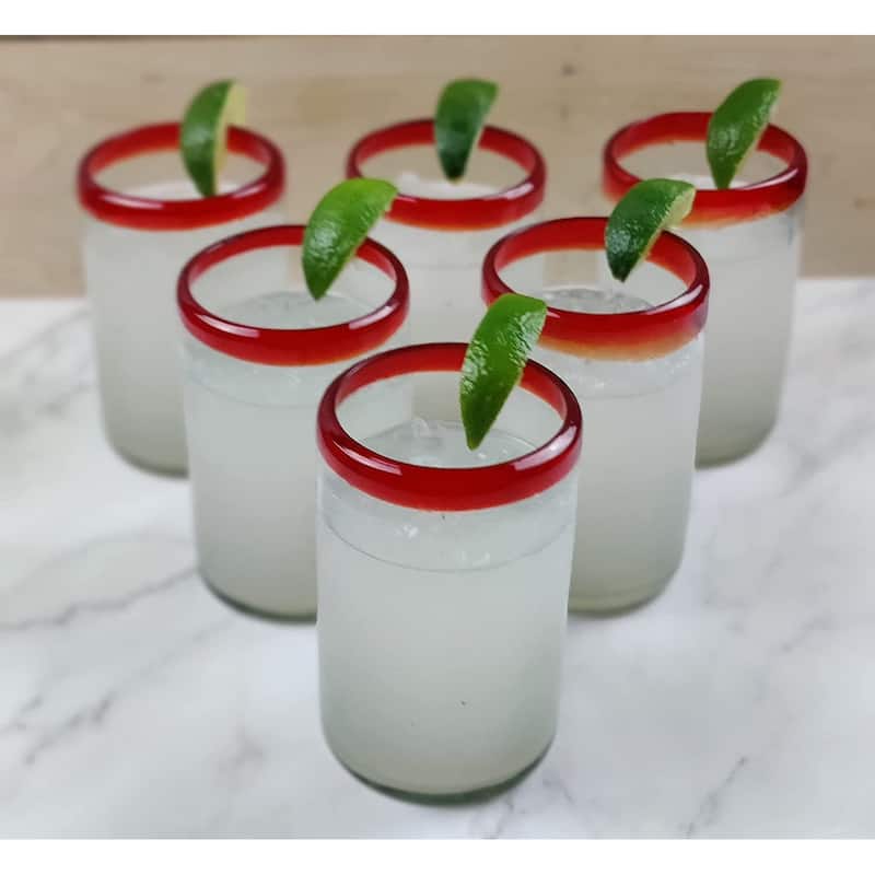 Dos Sueños Hand Blown Mexican Drinking Glasses - Set of 6 Red Rim Drinking Glasses (14 oz each)