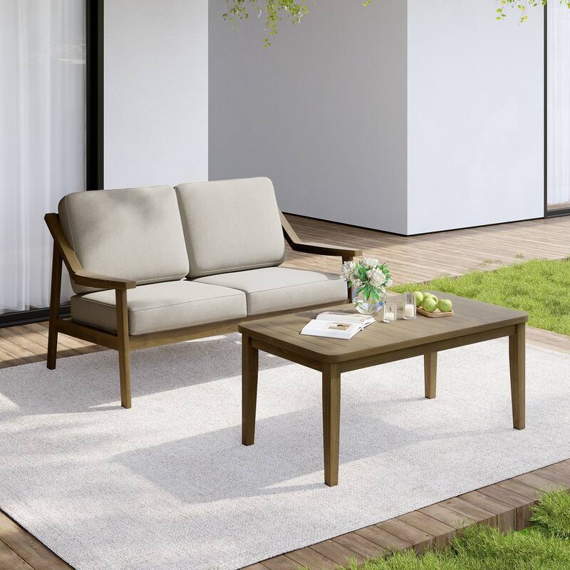 Outdoor Wood Teak Cushioned Patio 2 Seater Loveseat with Coffee Table - Natural Wood - Light Camel