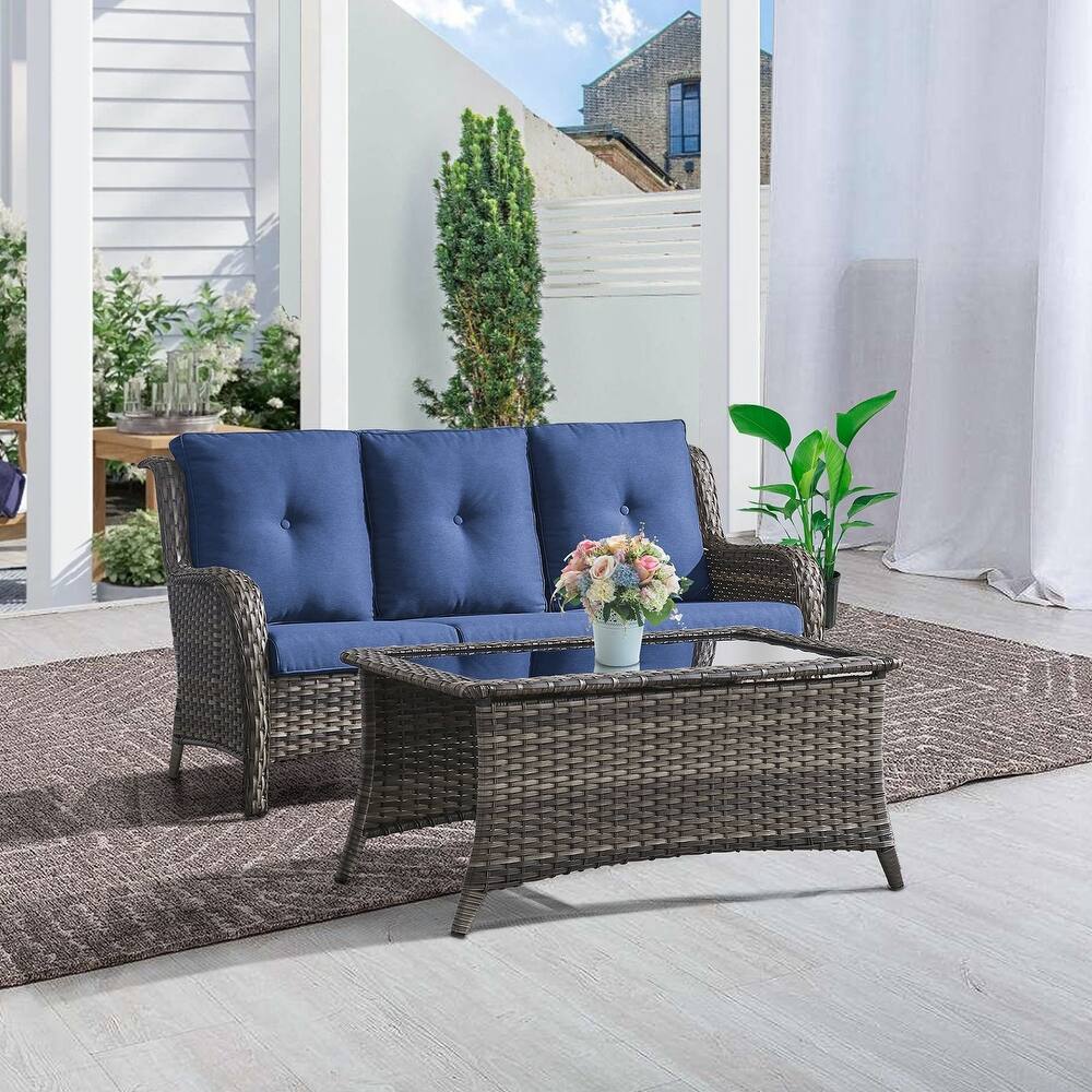 Gymojoy 2-Piece Outdoor Wicker Patio Furniture with 3 Seat Sofa, Rattan Coversation Set with Water Resistant Thick Cushions