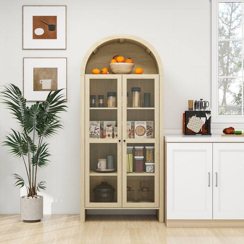 Farmhouse Wood Kitchen Pantry Cabinet, ,Arched Storage Display Cabinet with Glass Doors and Adjustable Shelves