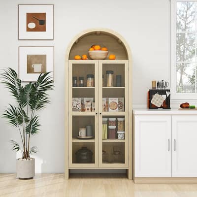 Farmhouse Wood Kitchen Pantry Cabinet, ,Arched Storage Display Cabinet with Glass Doors and Adjustable Shelves