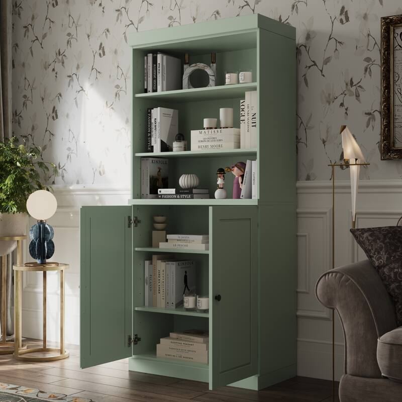 Palace Imports Solid Wood 6-Shelf Bookcase, Raised Panel Doors, Adjustable Shelves - Sage