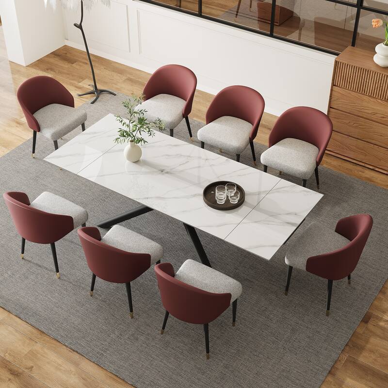 9 - Piece Extendable Rectangular Sintered Stone Cross Legs Dining Set With 8 Chairs For Home or Villa - Red&Grey Chair