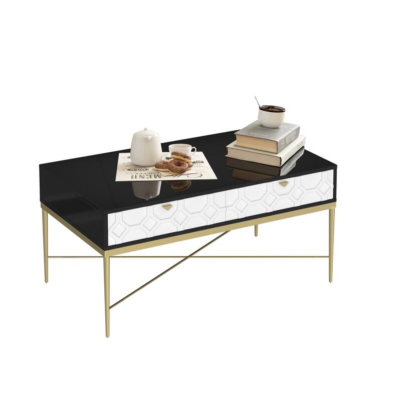 Modern Black and White Coffee Table Storage Table with 2 Drawers and Adjustable Feet, for Living Room