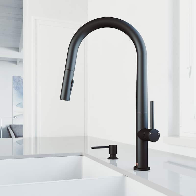 VIGO Greenwich 18" H Single Handle Pull-Down Sprayer Kitchen Faucet - With Bolton Soap Dispenser - Matte Black