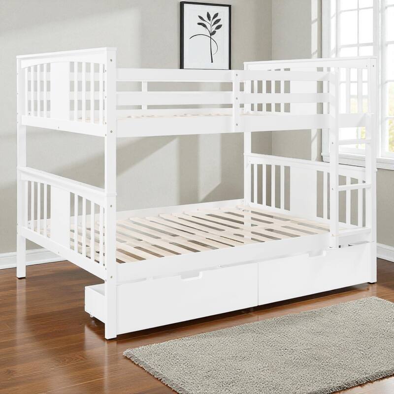 Twin Over Twin Bunk Bed with Ladder, Solid Wood Low Bunk Bed Frame with Guardrails, Space-Saving Design for Kids Bedroom