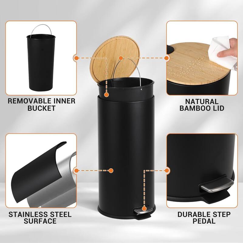 8 Gallon Step Trash Can with Natural Bamboo Lid, Removable Inner Bucket for Kitchen