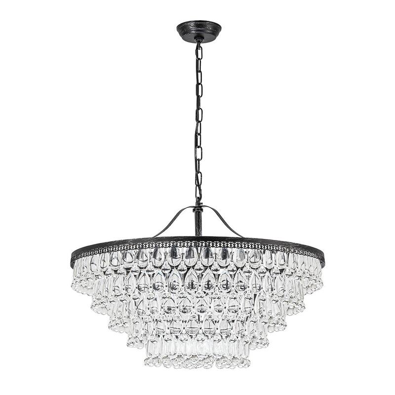 Luxury Distressed Black 11-Light Cascading Crystal Teardrops Chandelier - 27.6in