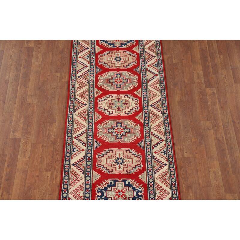 Red Geometric Kazak Oriental Runner Rug Hand-Knotted Wool Carpet - 2'8" x 9'4"