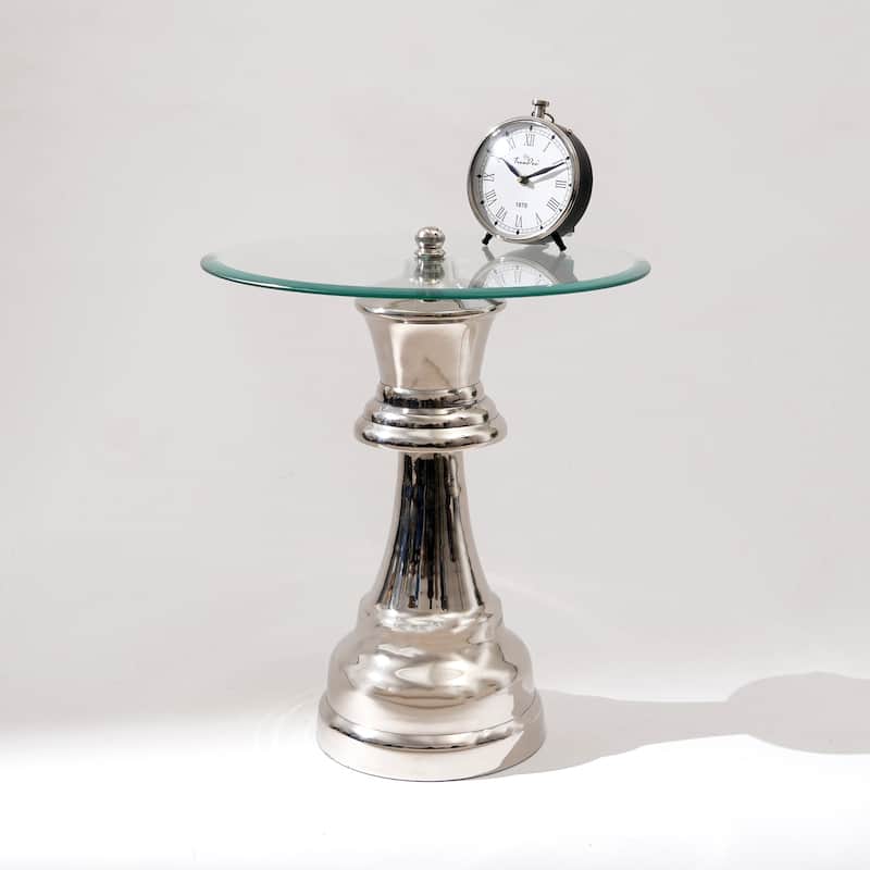 Decorative Nickel Finished Aluminum Queen Pedestal Accent Table with Glass Top - 18x18x21"- Unique Side Table - Nickel