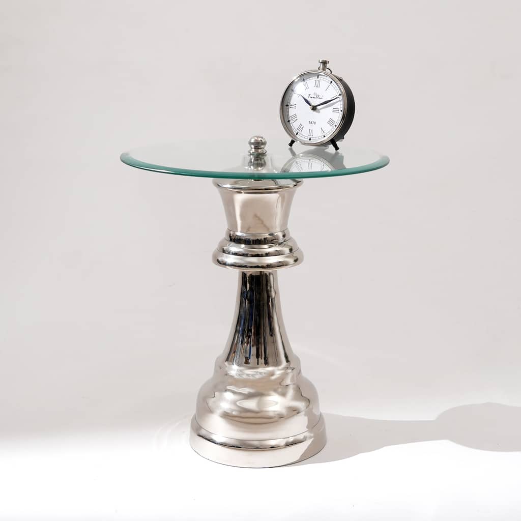 Decorative Nickel Finished Aluminum Queen Pedestal Accent Table with Glass Top - 18x18x21"- Unique Side Table