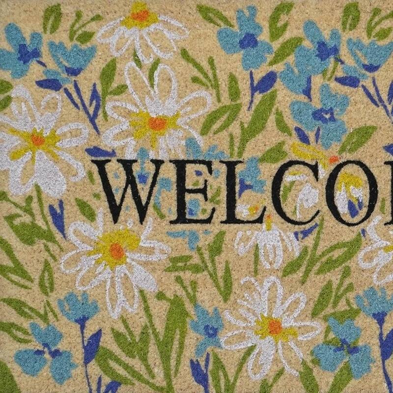 HomeRoots 36" X 72" Brown Light Blue And Green Floral Welcome Outdoor Coir Door Mat - 36.00' X '72.00