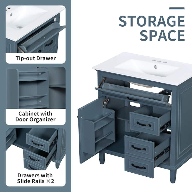 30 Inch Bathroom Vanity with Ceramic Sink Top, Flip Drawers, Freestanding Storage Cabinet (Faucet Not Included)
