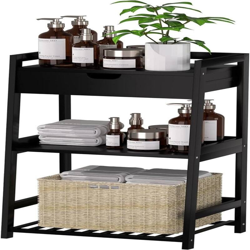 3 Tier Ladder Shelf - 11.8"D x 16.5"W x 31"H - Classic Black With drawers