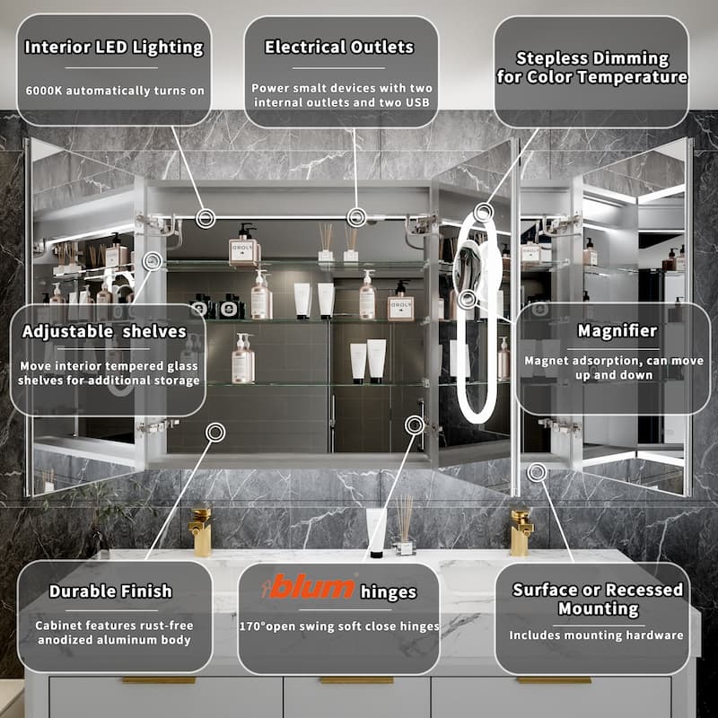 Modland 30"-48"W x 32"H Medicine Cabinet LED Mirrored Wall Mounted Bathroom Mirror with Storage