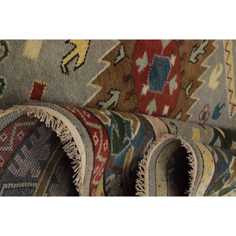 Hand Knotted Oriental 100% Wool Carpet Traditional Geometric Greys & Charcoal Kazak Area Rug - 11' 11'' X 9' 2''