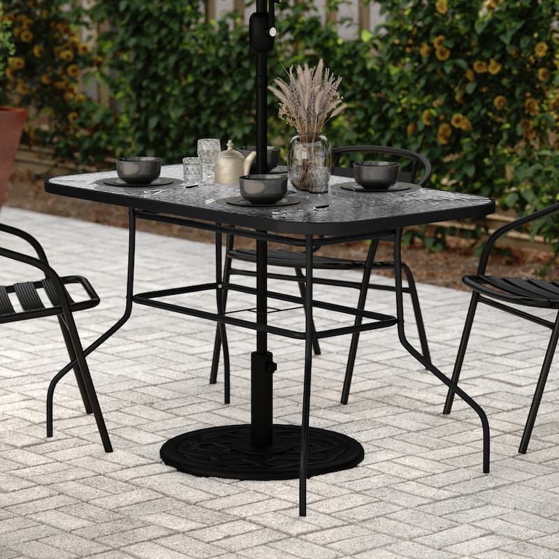 Commercial Tempered Glass and Steel Patio Table with Umbrella Hole - N/A