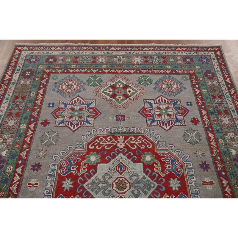 Geometric Kazak Area Rug Handmade Oriental Grey Wool Carpet - 5'6" x 7'9"