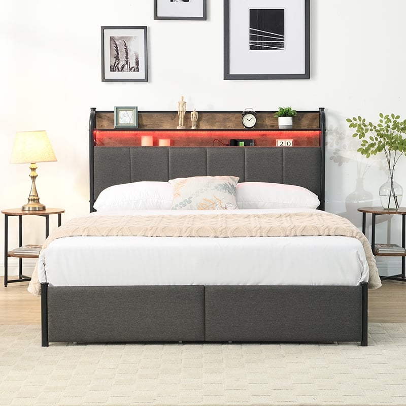 Black+Brown+Grey Queen Size Modern Platform Bed with Storage Headboard and Charger
