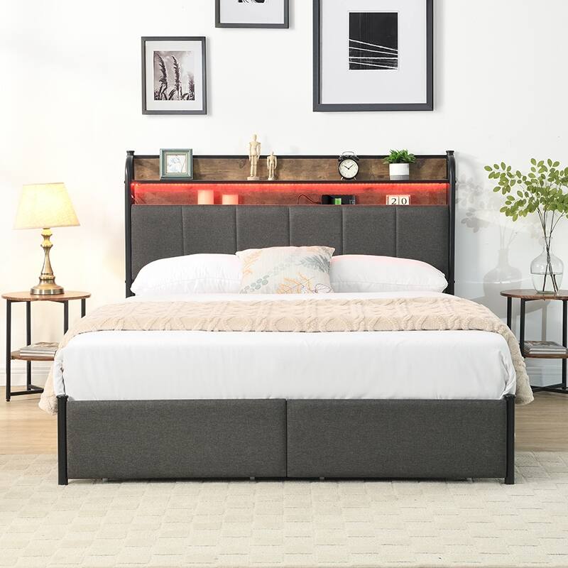 Platform Storage Bed Frame with 2 Drawers and Upholstered Headboard Built-in Charging Station, Smart LED Lights Bed Frame
