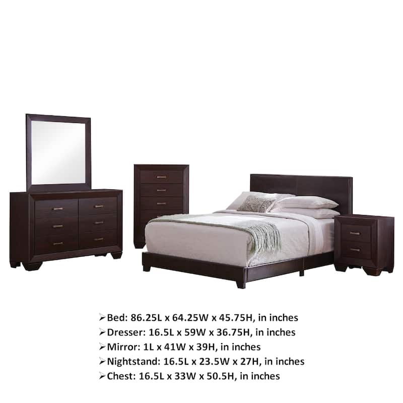 Desy 5pc Queen Size Bedroom Set, Extra Dark Cocoa Brown Faux Leather
