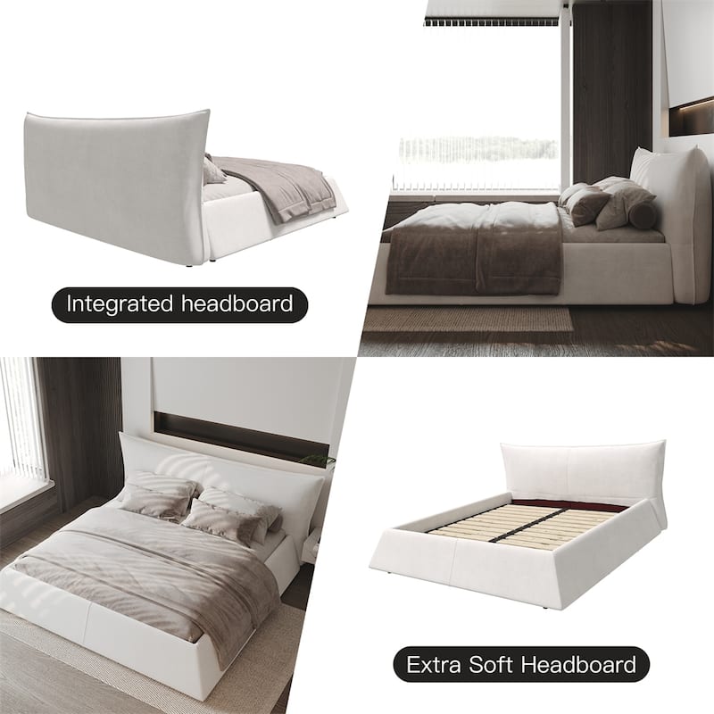 King Size Upholstered Platform Bed with Velvet Headboard & Wood Frame