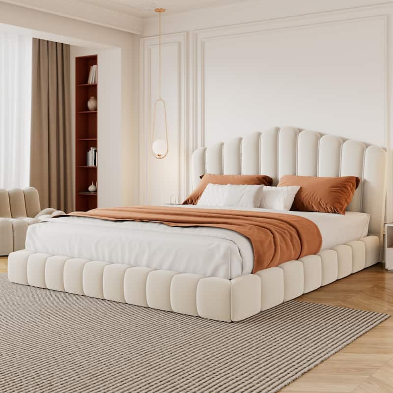 Velvet Upholstered Queen Bed Frame Floor Bed Shell-Shaped Headboard Wingback Frame Bed, No Box Spring Needed