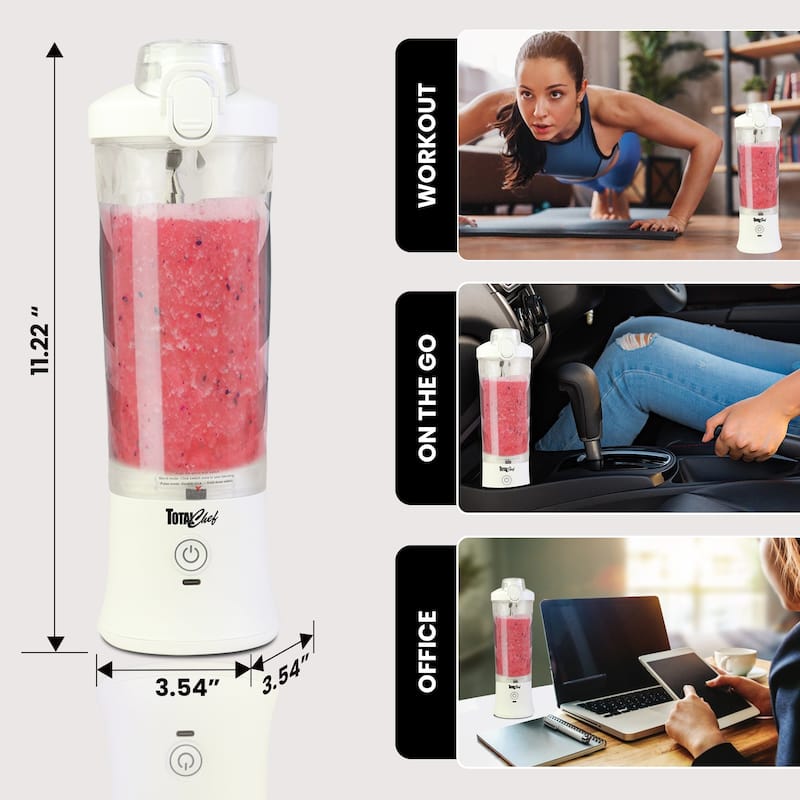 Total Chef Cordless Portable Blender, 20 oz (600 mL) Personal Blender, USB Rechargeable, White