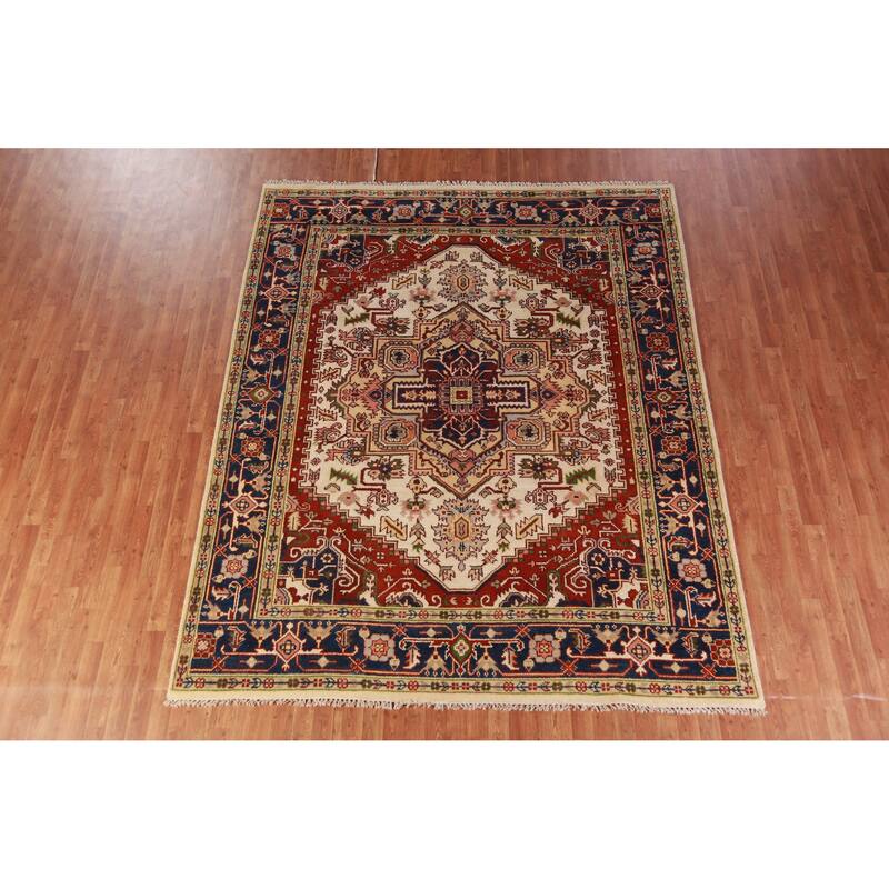 Hand Knotted Oriental 100% Wool Carpet Traditional Medallion Beige & Ivories Heriz (serapi) Area Rug - 9' 10'' X 7' 11''