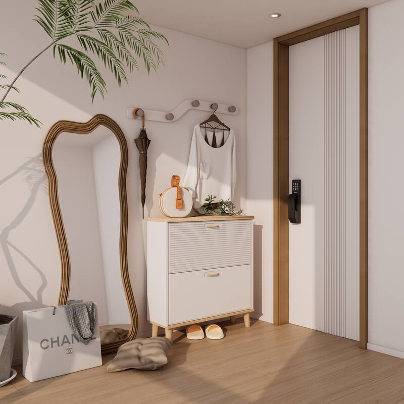 Freestanding Slim Shoe Organizer, Entryway Narrow Shoe Rack Cabinet, Shoe Cabinet with 2 Flip Drawers & Natural Wood Legs