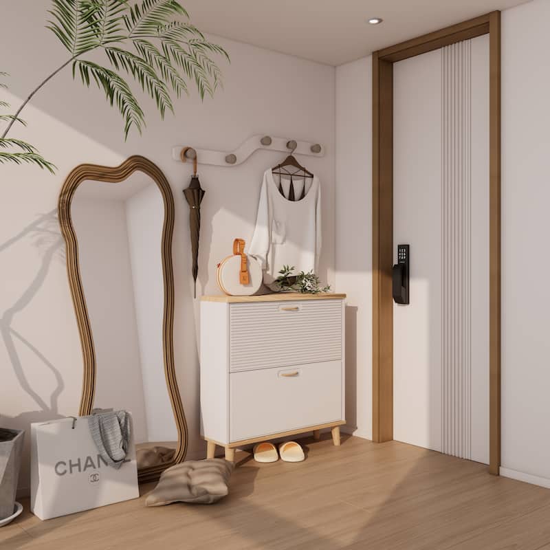 Homy Casa Compact Shoe Storage Bench 2 Flip Doors 2 Drawers, White