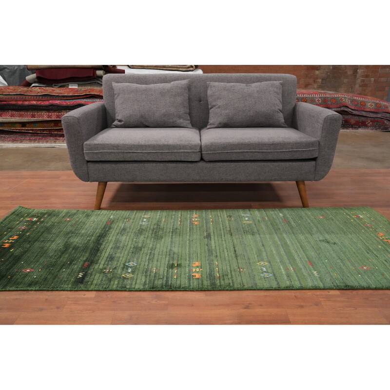 Hand Knotted Oriental Viscose Silk Carpet Tribal Animal Pictorial Green Gabbeh Runner Rug - 7' 6'' X 2' 8''