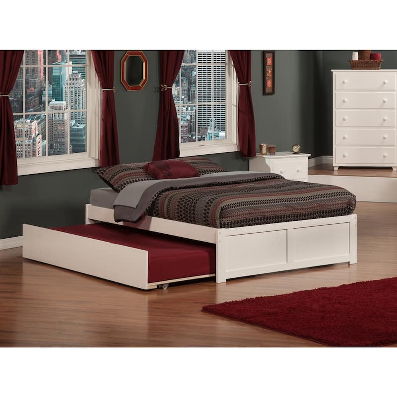 King Size Wood Platform Bed with Trundle - White Minimalist Design, Slat Kit Included