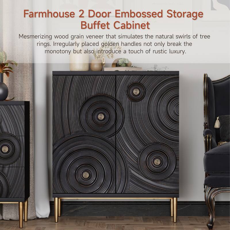 COZAYH Farmhouse 2 Door Embossed Storage Cabinet with Ring Motif, Distressed Boho Storage Buffet Cabinet