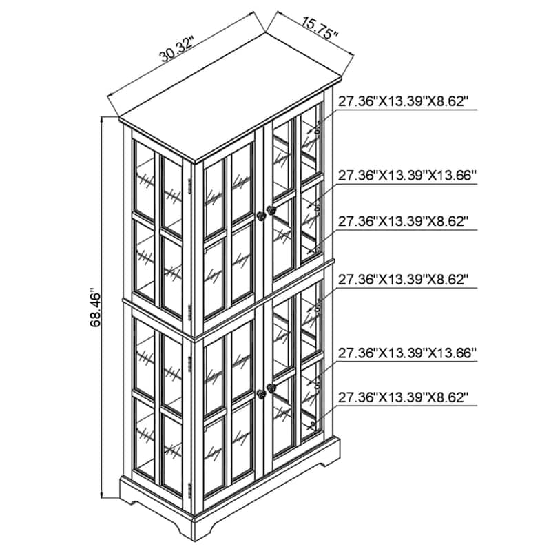 Antique Curio Display Cabinet with Glass Doors, 4 Door Vintage Showcase with Adjustable Shelves and Light