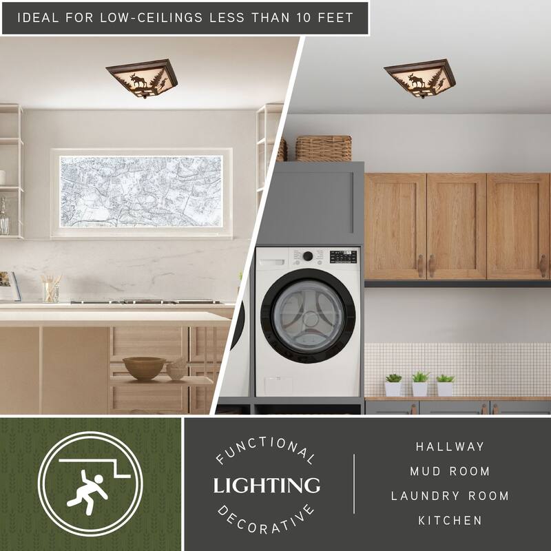 Yellowstone Bronze Rustic Moose Tree Square Outdoor Flush Mount Ceiling Light - 14-in W x 5.75-in H x 14-in D