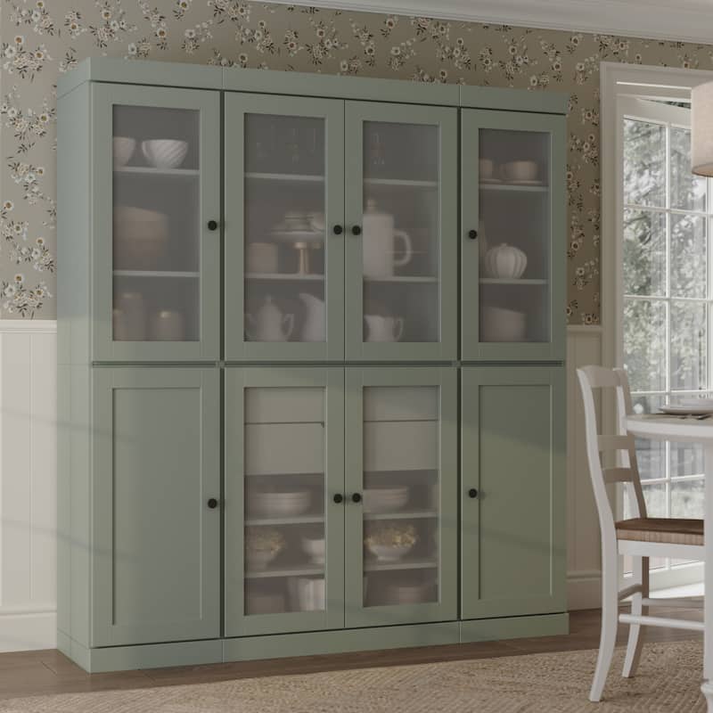Palace Imports 100% Solid Wood 65" Pantry Cabinet with Frosted Glass, Shaker Doors, 2-Drawers and Adjustable Shelves - Sage